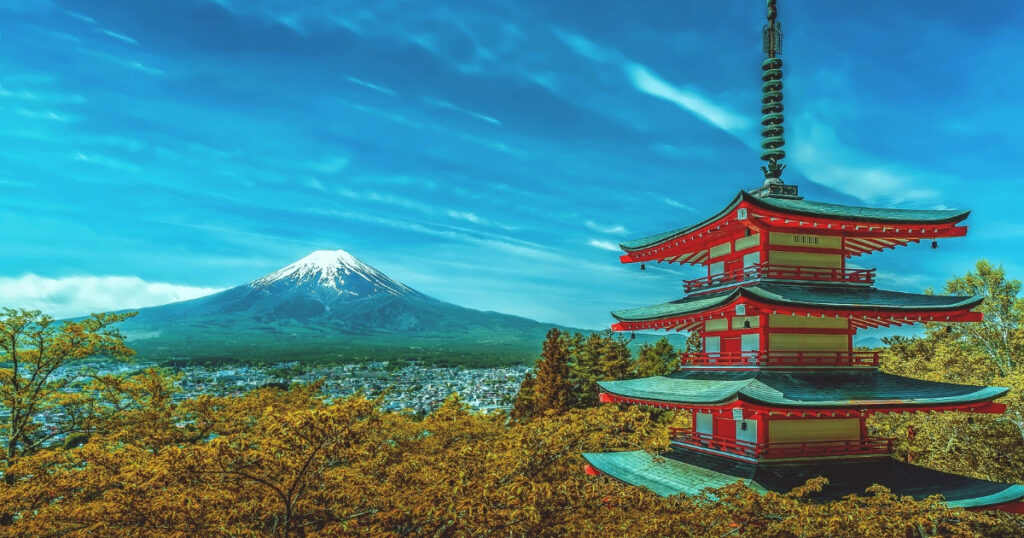 富士山の景色。青空。五重塔。