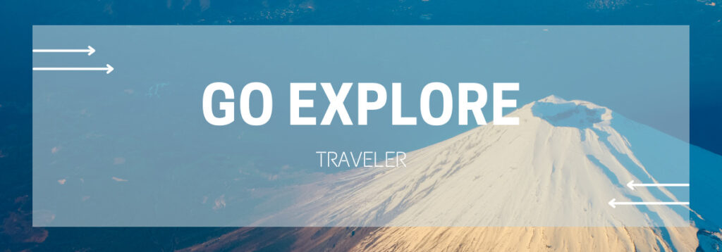 Go Exploreの文字と、上から見た富士山山頂の火口